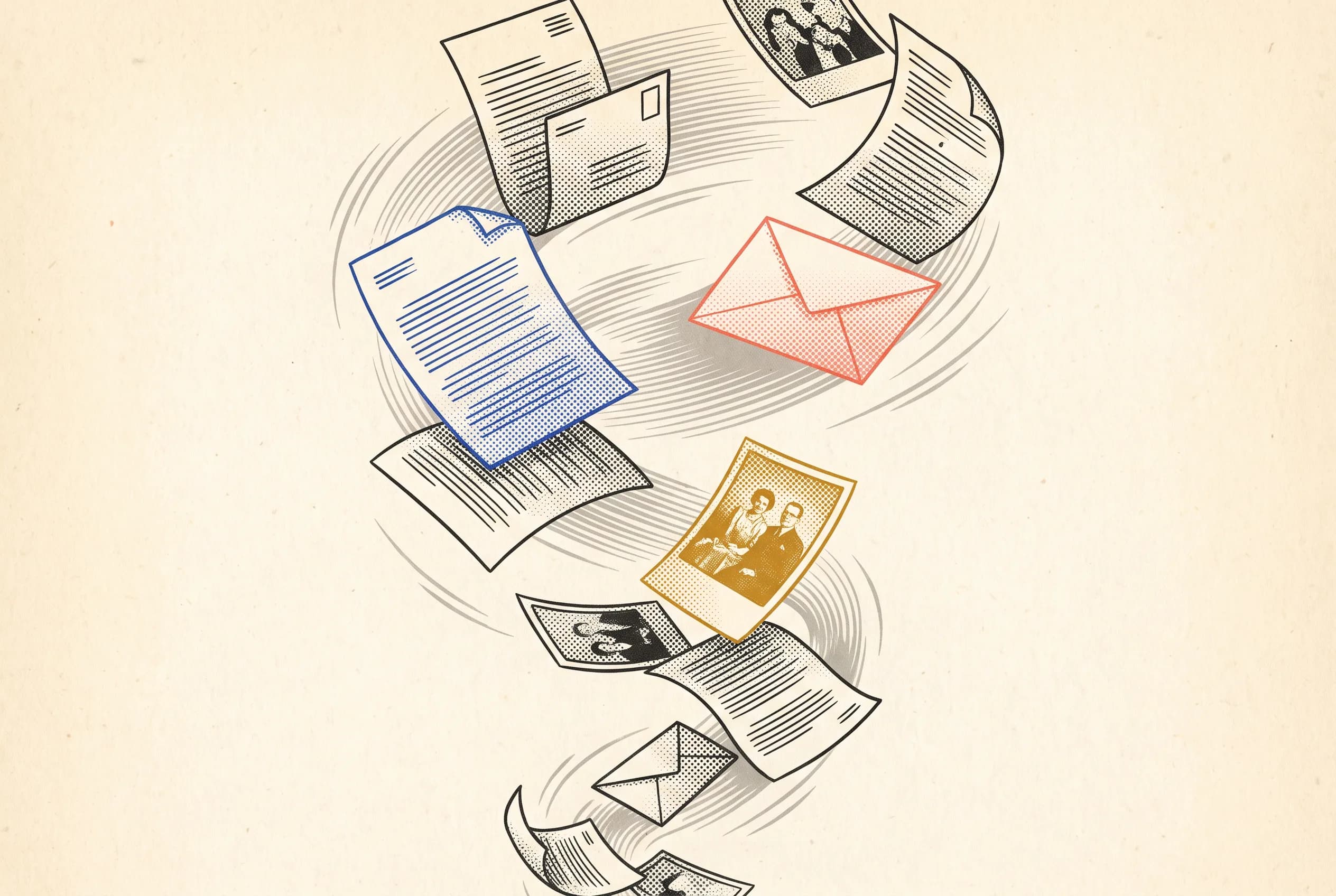 An engraved illustration of documents, envelopes and photographs spiralling upward in flight